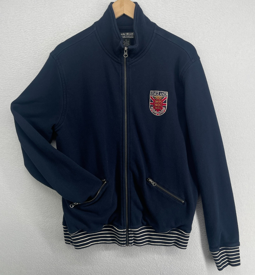 LUCKY BRAND Jacket Mens M ENGLAND 57 Crest Patch Track Terry Full Zip Blue Vtg